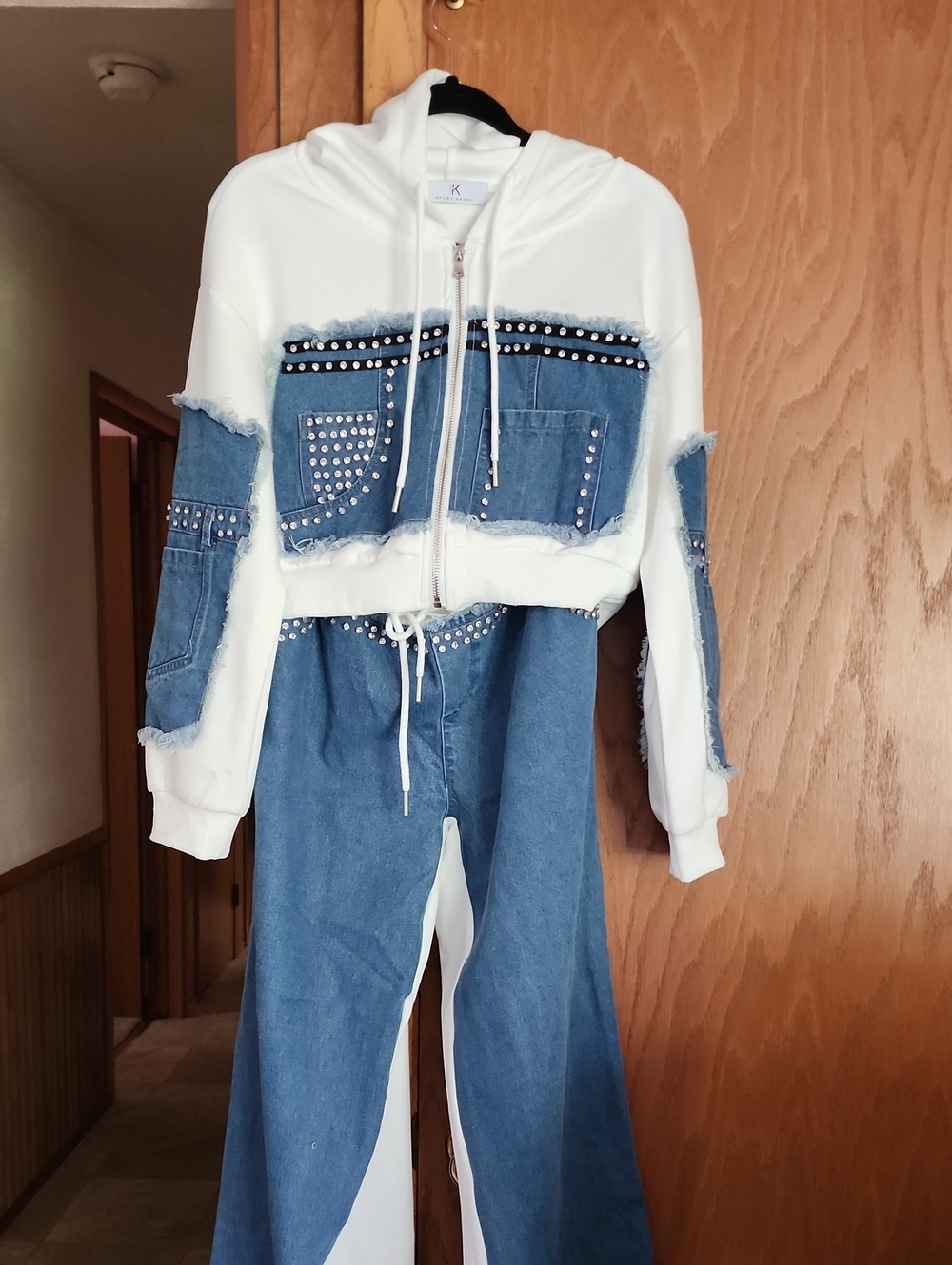 White & Denim Studded Hooded Set
